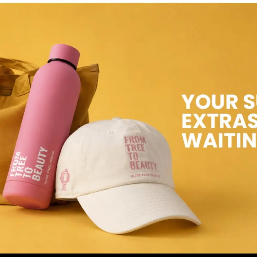 Just a friendly reminder that Olive Tree People's gift event wraps up tomorrow night.

Qualifying orders can receive:

✨ Water Bottle at $99+
✨ Hat at $119+
✨ Tote Bag at $149+

I love promotions like this because they're simple and fun—no complicated hoops to jump through.

If you've been thinking about trying waterless beauty or restocking your favorites, today is a good day to take a look.

Message me if you'd like recommendations.